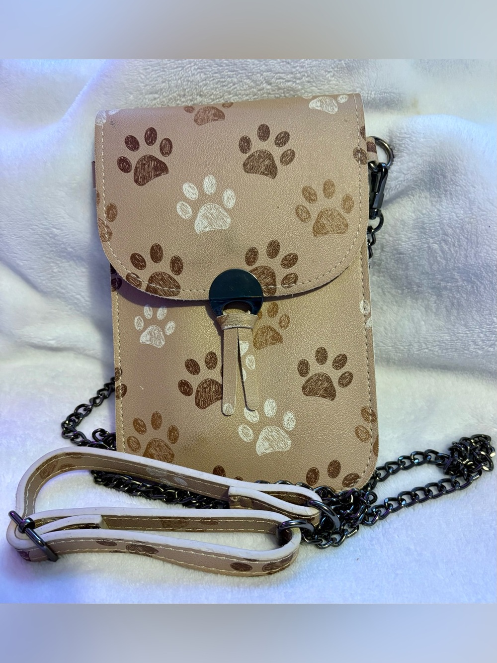 Beige Paw Print Crossbody Bag with Chain Strap